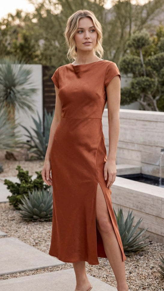 Women's Cowl Neck Cap Sleeve Satin Front Split Midi Dress