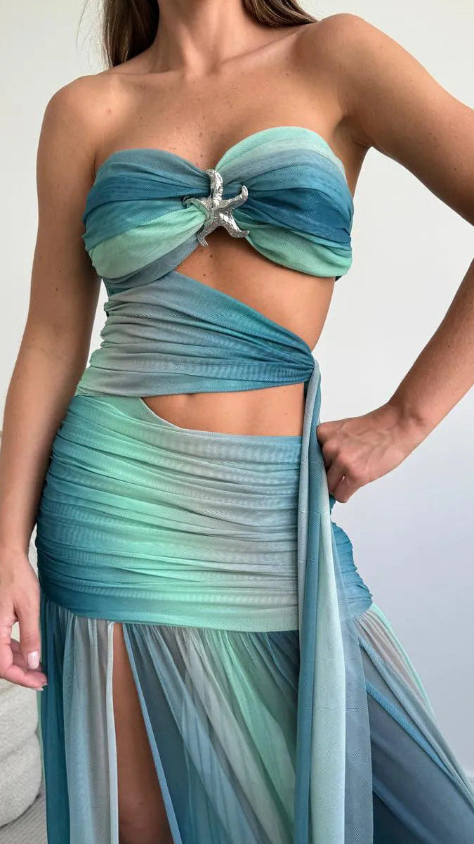 Women's Strapless Twist Front Mesh Cut Out Maxi Dress