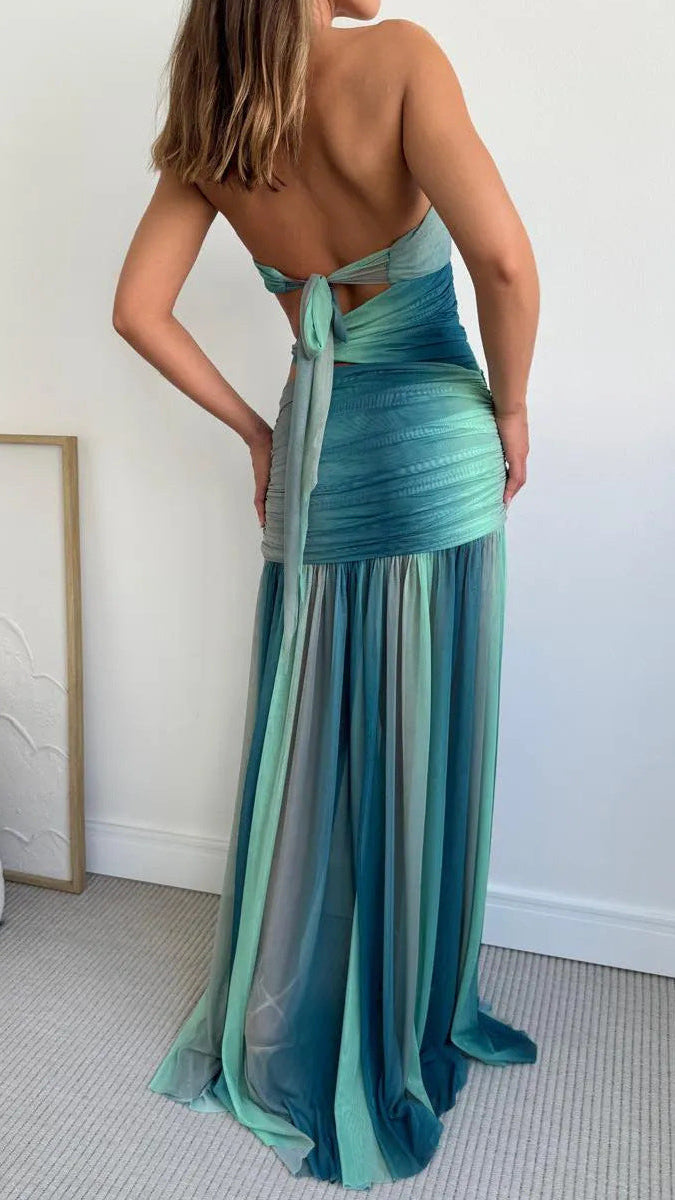 Women's Strapless Twist Front Mesh Cut Out Maxi Dress