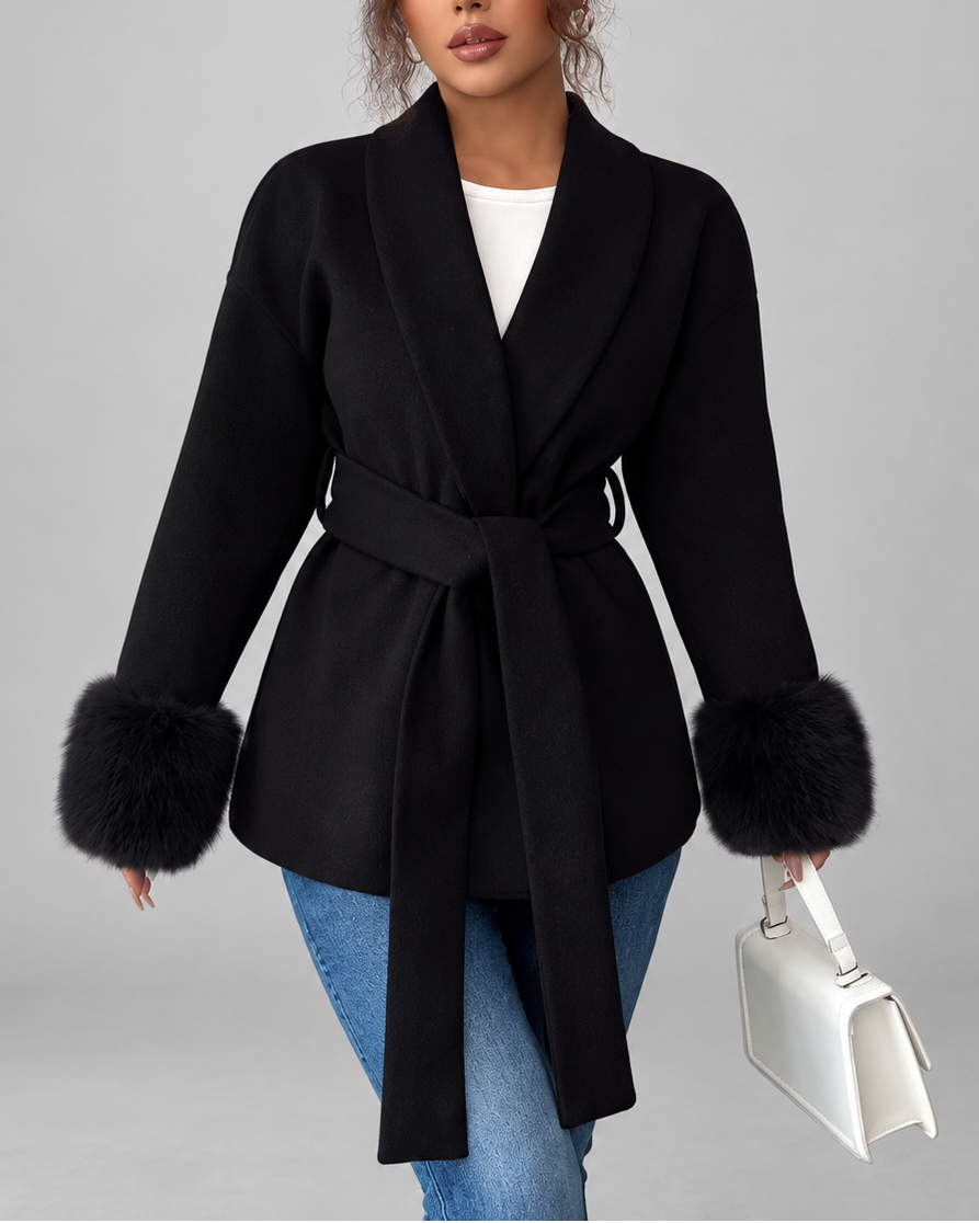 Women's belted jacket with faux fur cuffs in black - front