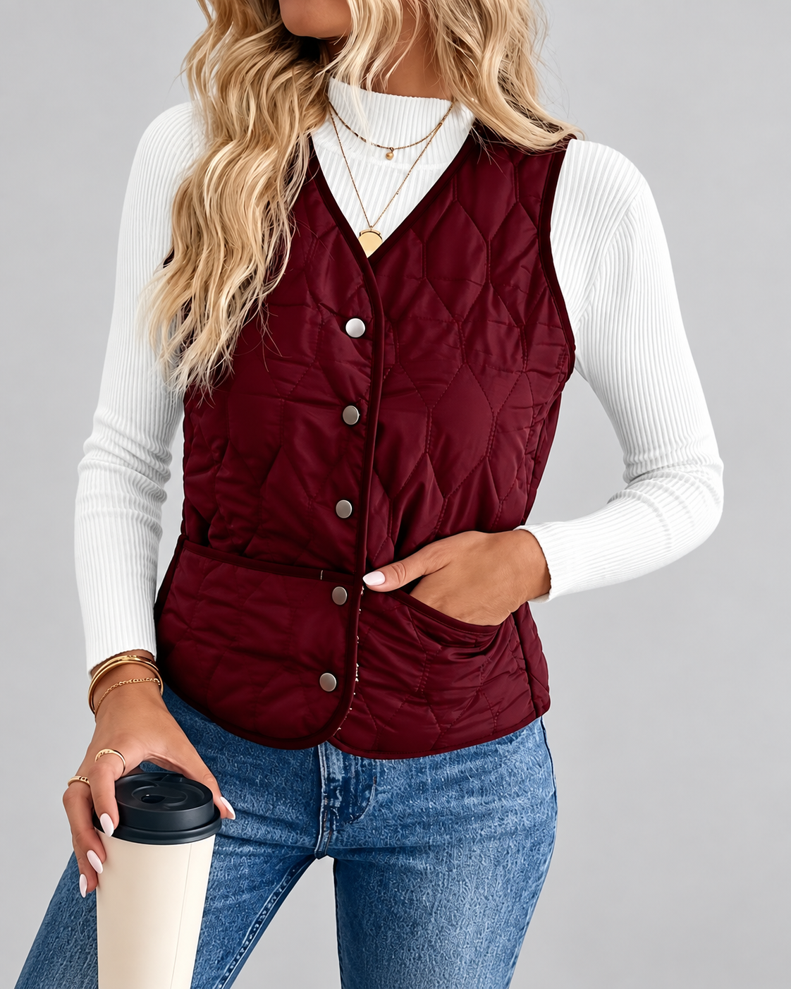 Women's Quilted Gilet with Fleece Lining and Button Front