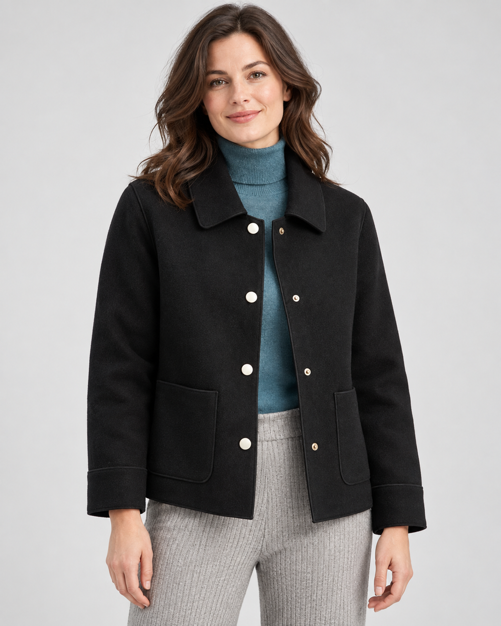 Women's Wool Blend Jacket with Collar and Button Front
