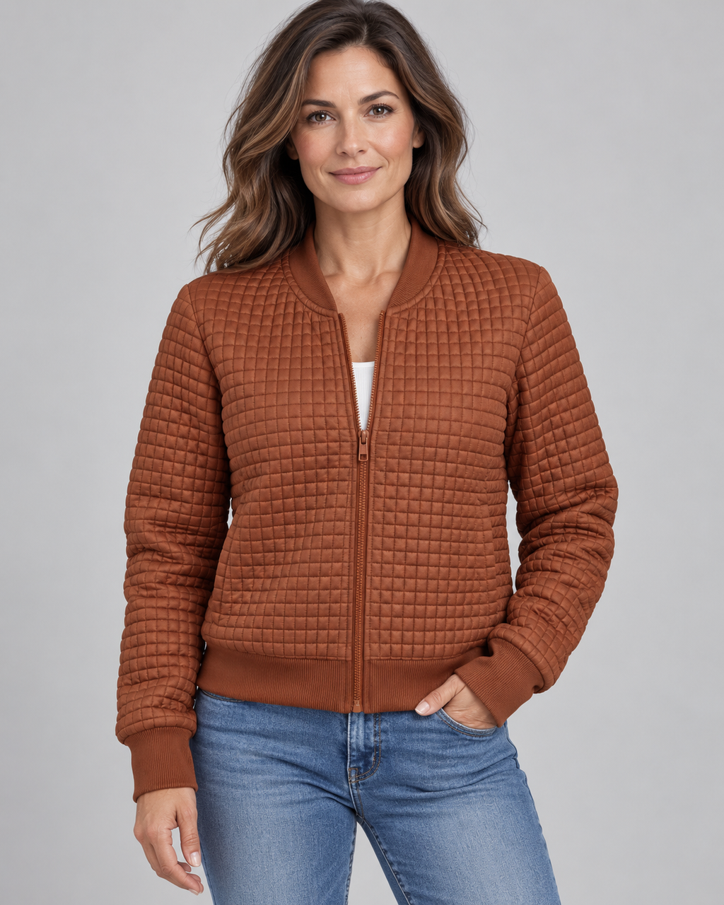 Women's Textured Knit Bomber Jacket with Zip Front and Ribbed Trim