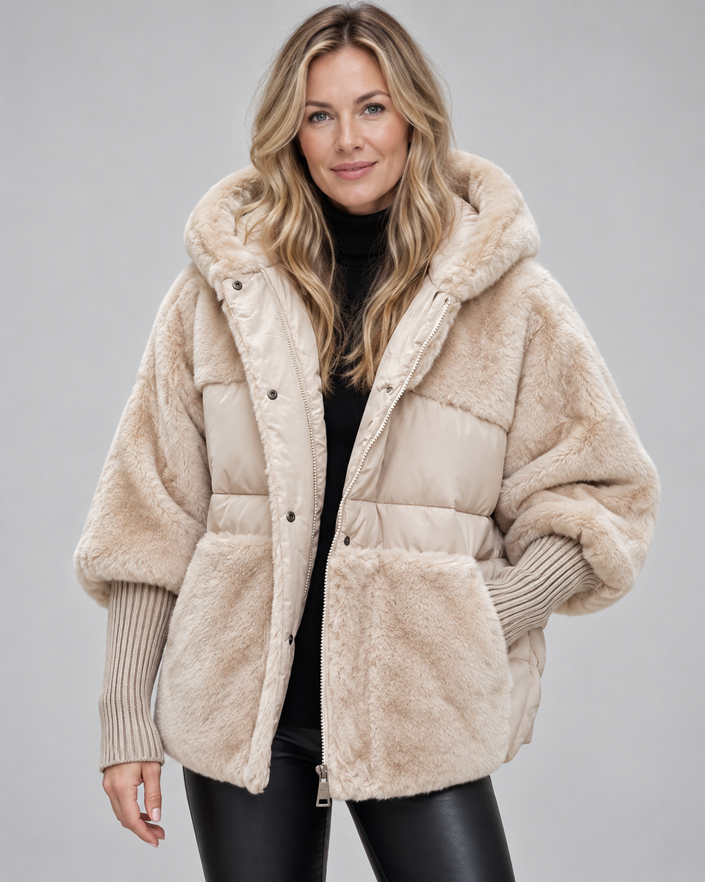Women's Oversized Padded Hooded Coat with Faux Fur Panels