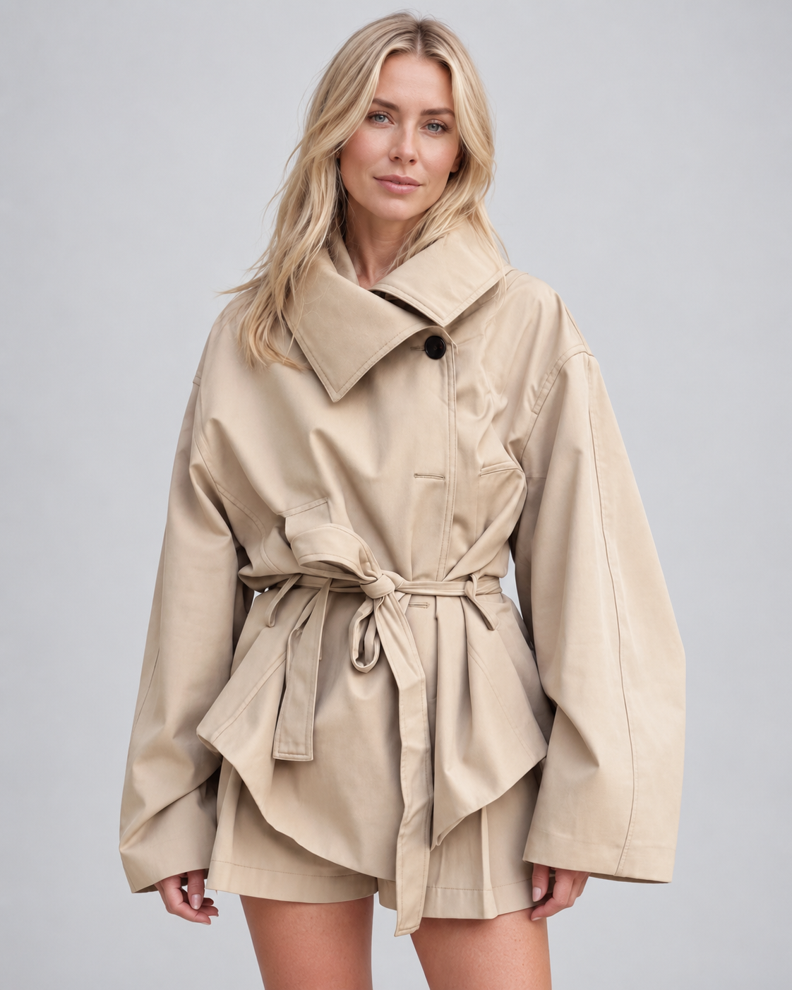 Women's Beige Belted Wrap Cropped Trench Jacket