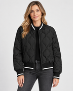Women's Quilted Bomber Jacket with Ribbed Collar and Zip Front