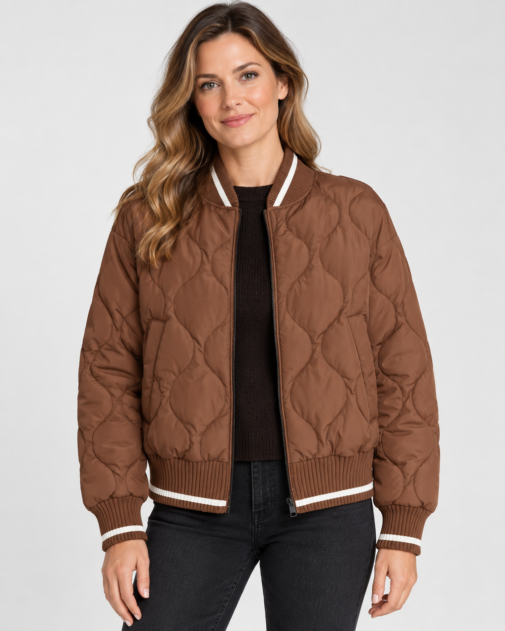 Women's Quilted Bomber Jacket with Ribbed Collar and Zip Front
