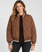 Women's Quilted Bomber Jacket with Ribbed Collar and Zip Front