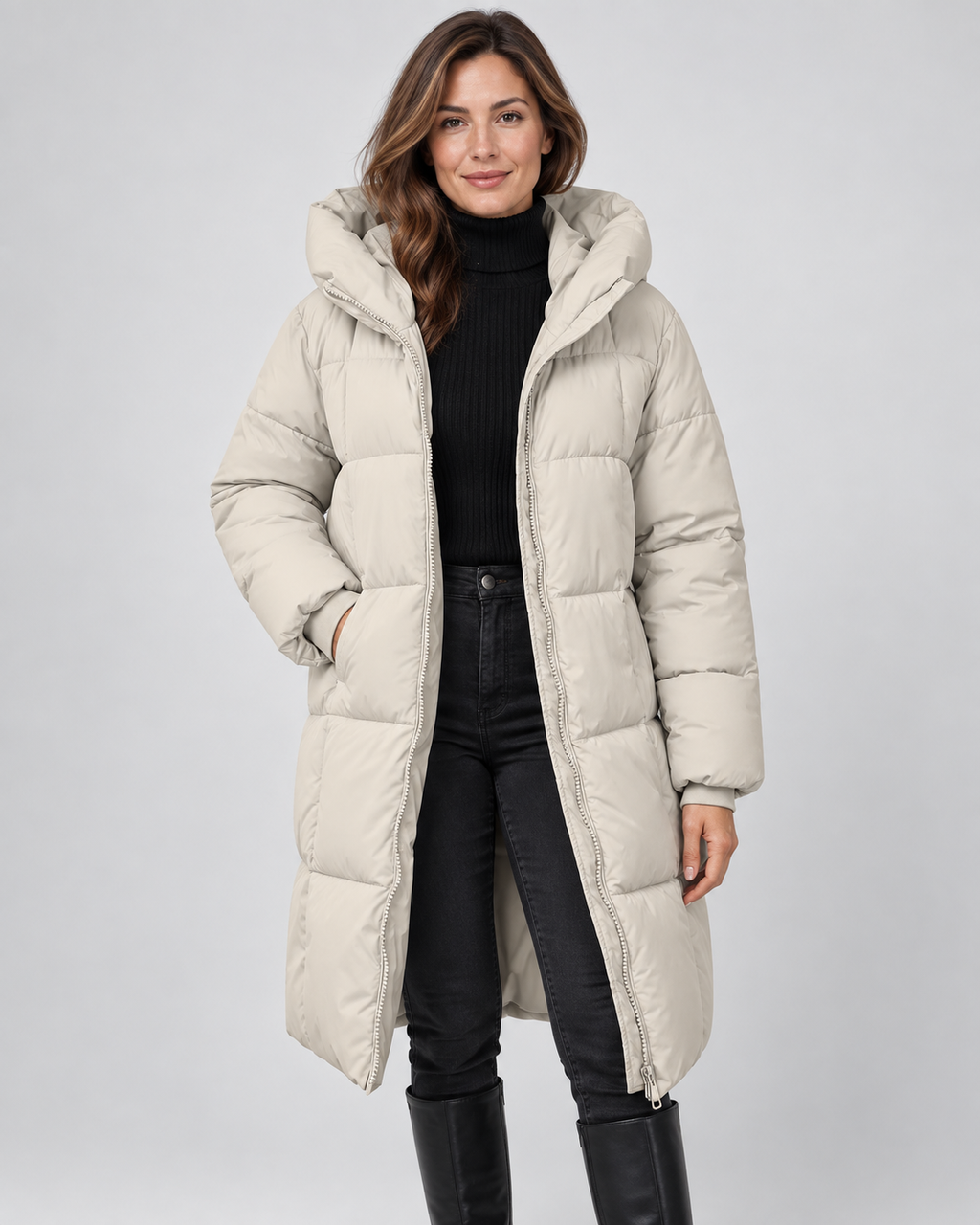 Women's Mid Length Hooded Puffer Coat with Zip Front and Pockets