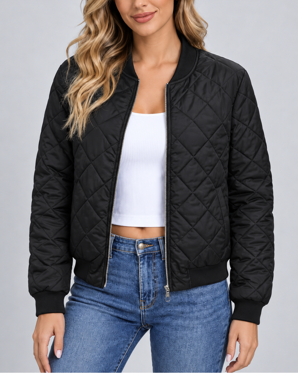 Women's Diamond Quilted Bomber Jacket with Zip Front and Ribbed Collar