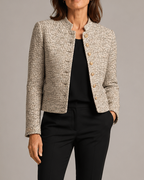 Women's Cropped Tweed Blazer with Stand Collar and Gold Buttons