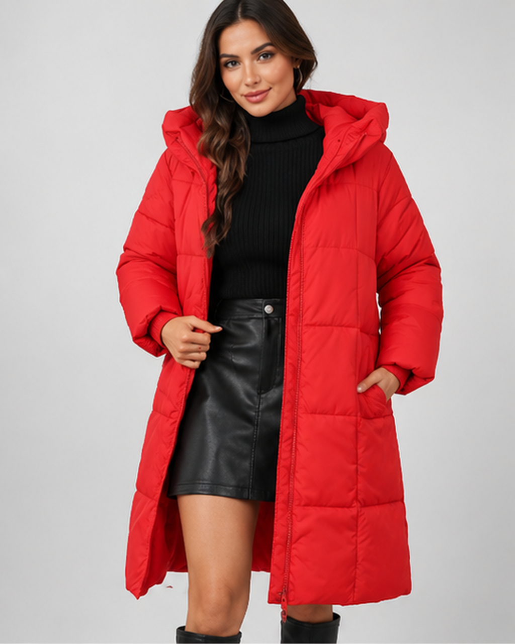 Women's Mid Length Hooded Puffer Coat with Zip Front and Pockets