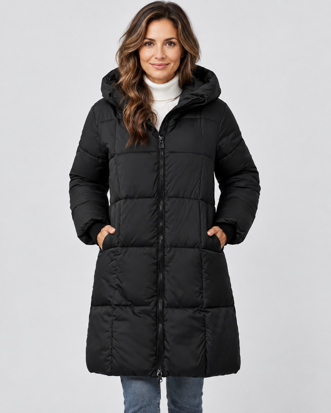 Women's Mid Length Hooded Puffer Coat with Zip Front and Pockets