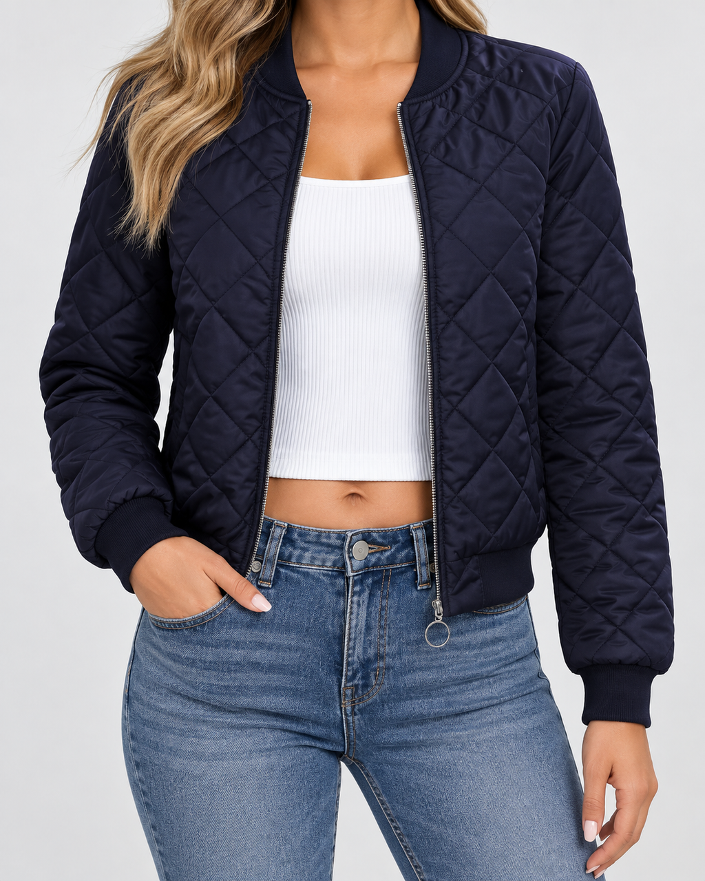 Women's Diamond Quilted Bomber Jacket with Zip Front and Ribbed Collar