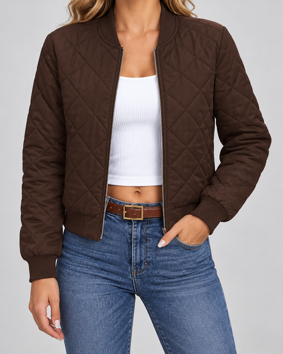 Women's Diamond Quilted Bomber Jacket with Zip Front and Ribbed Collar