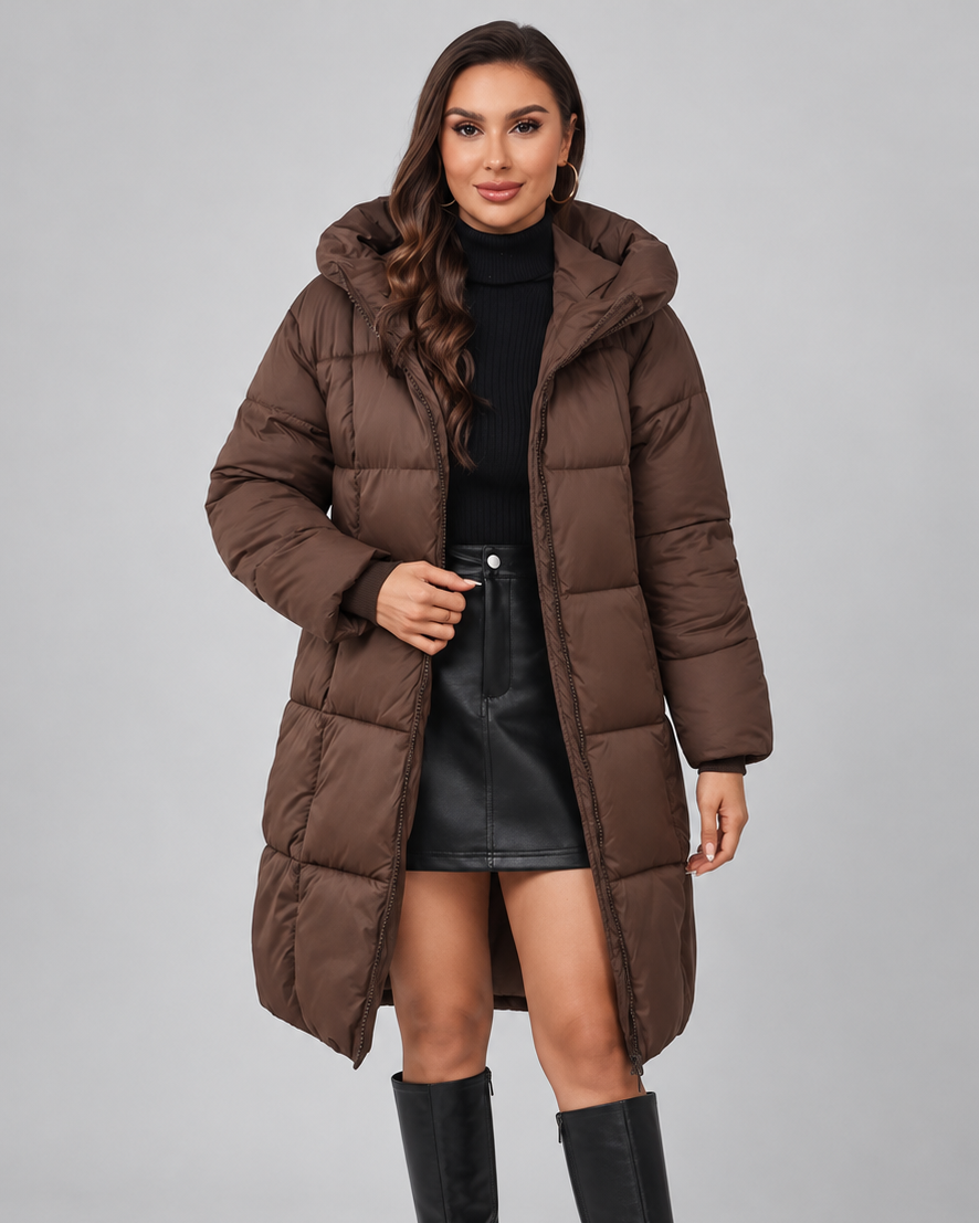 Women's Mid Length Hooded Puffer Coat with Zip Front and Pockets