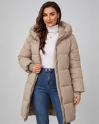Women's Mid Length Hooded Puffer Coat with Zip Front and Pockets