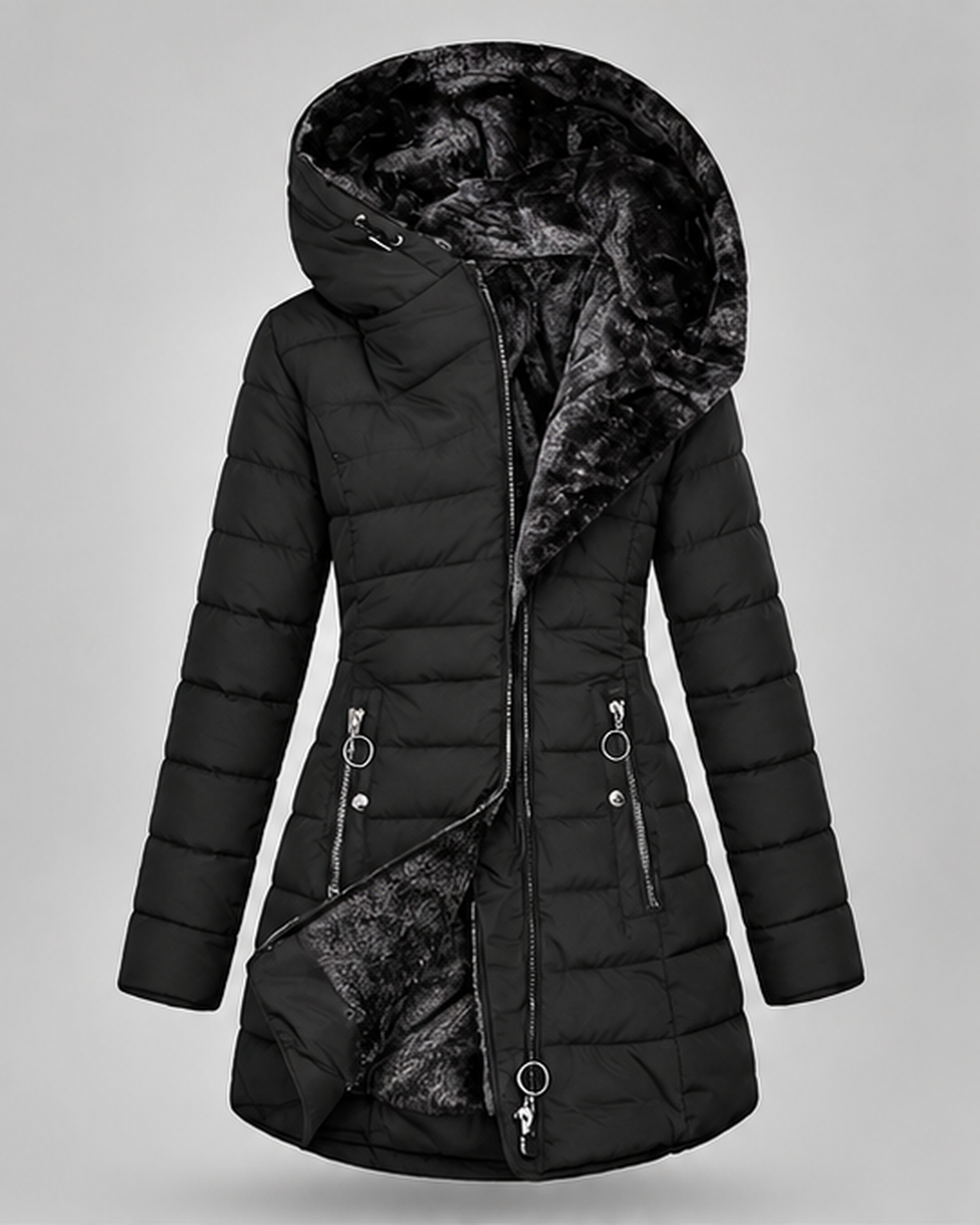Women's Fleece Lined Hooded Puffer Coat with Mid Length