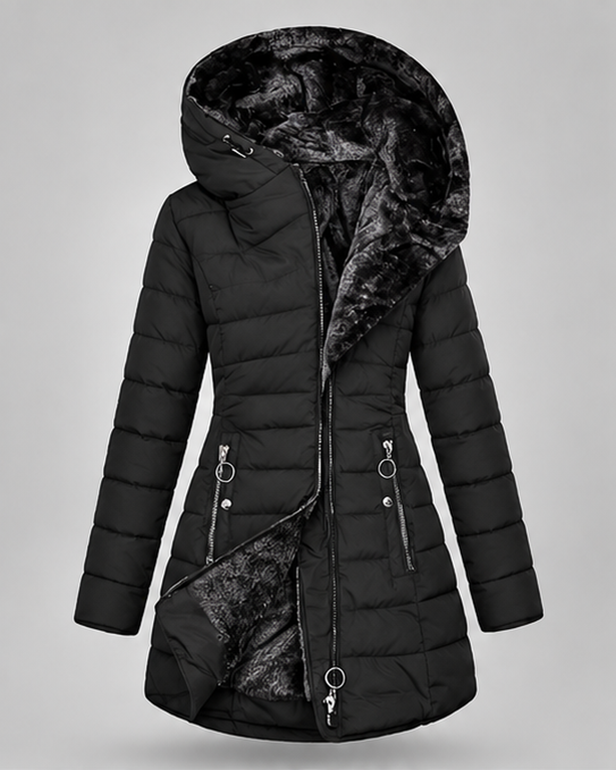 Women's Fleece Lined Hooded Puffer Coat with Mid Length