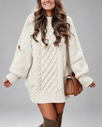 Women's Oversized Cable Knit Jumper Dress with Balloon Sleeves