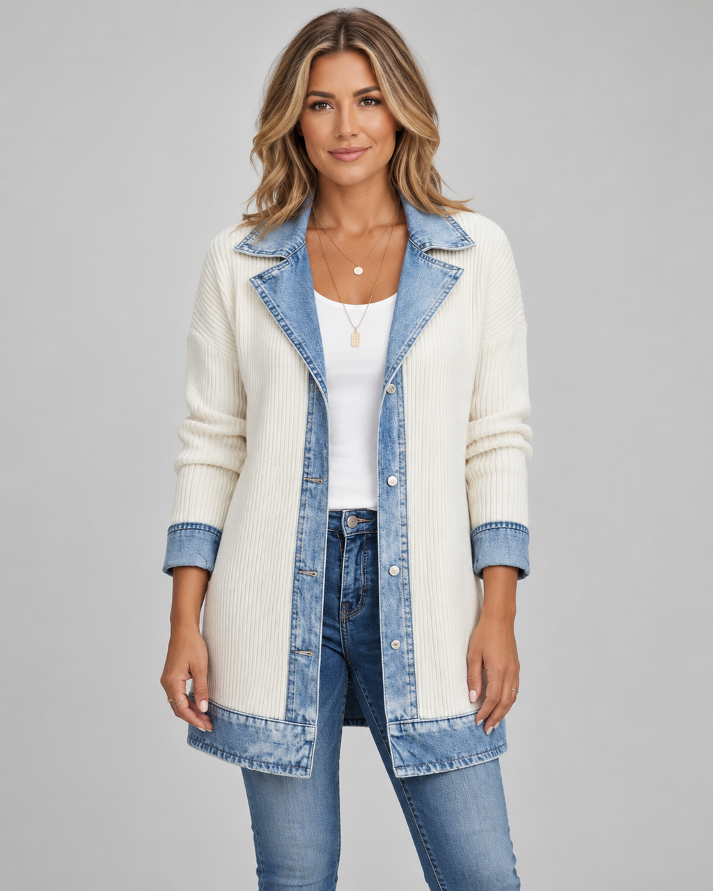 Women's Ribbed Jacket with Denim Collar and Button Front