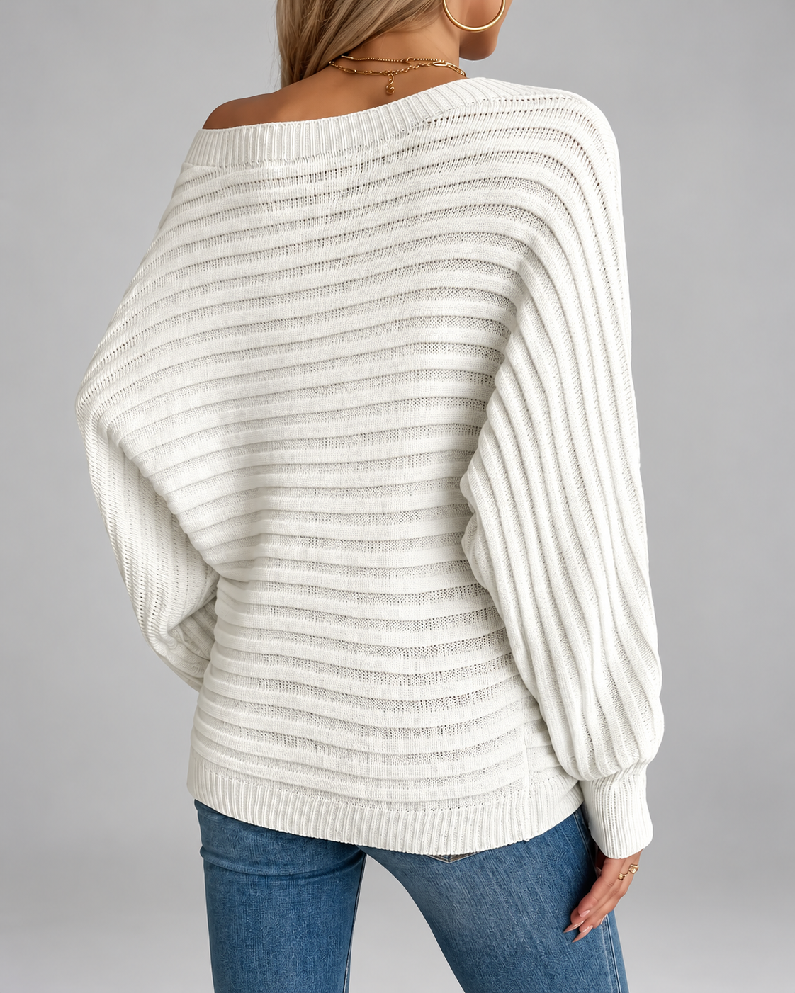 Women's Off Shoulder Ribbed Knit Jumper with Batwing Sleeves
