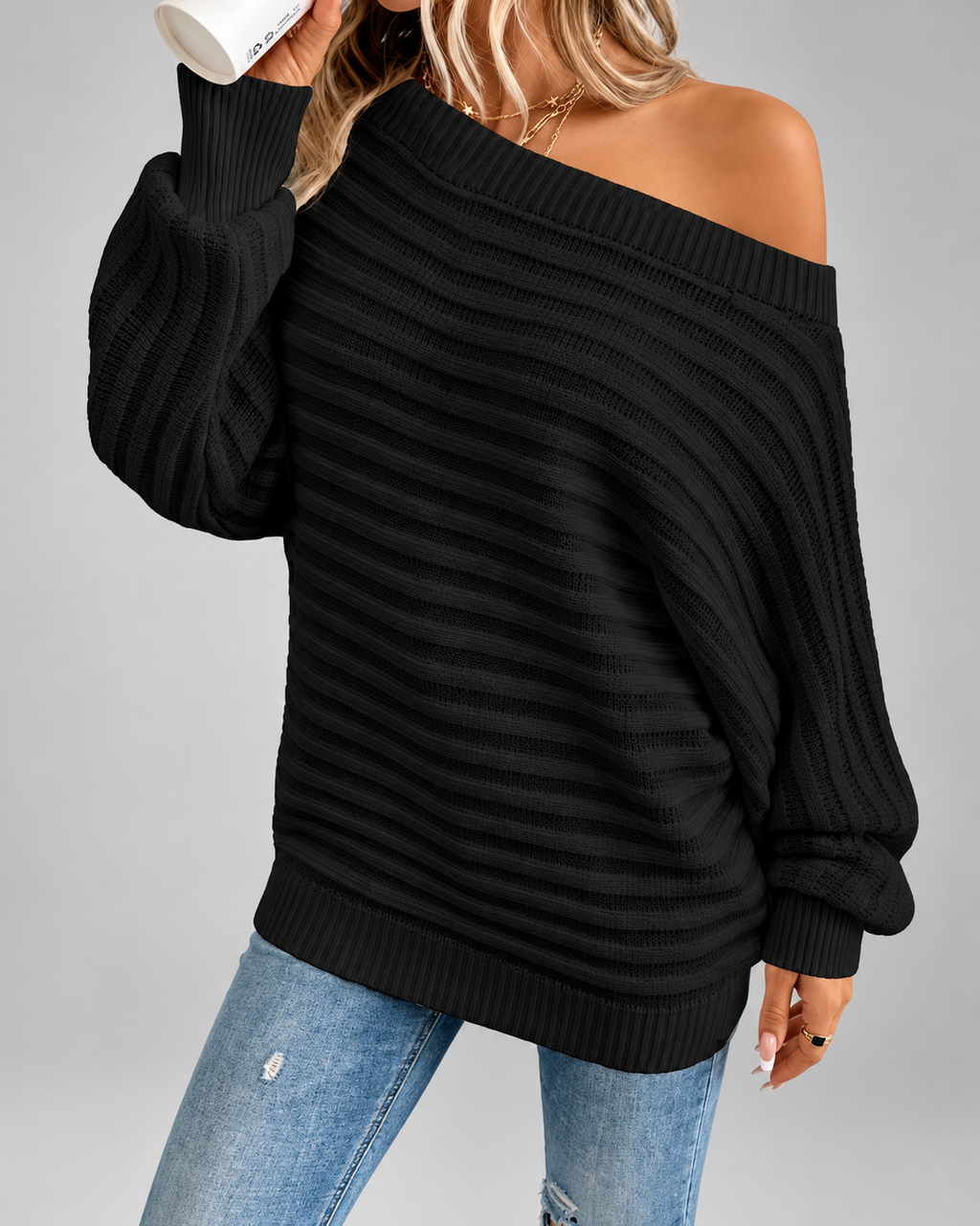Women's Off Shoulder Ribbed Knit Jumper with Batwing Sleeves