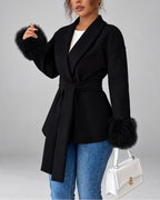 Women's belted jacket with faux fur cuffs in black - side