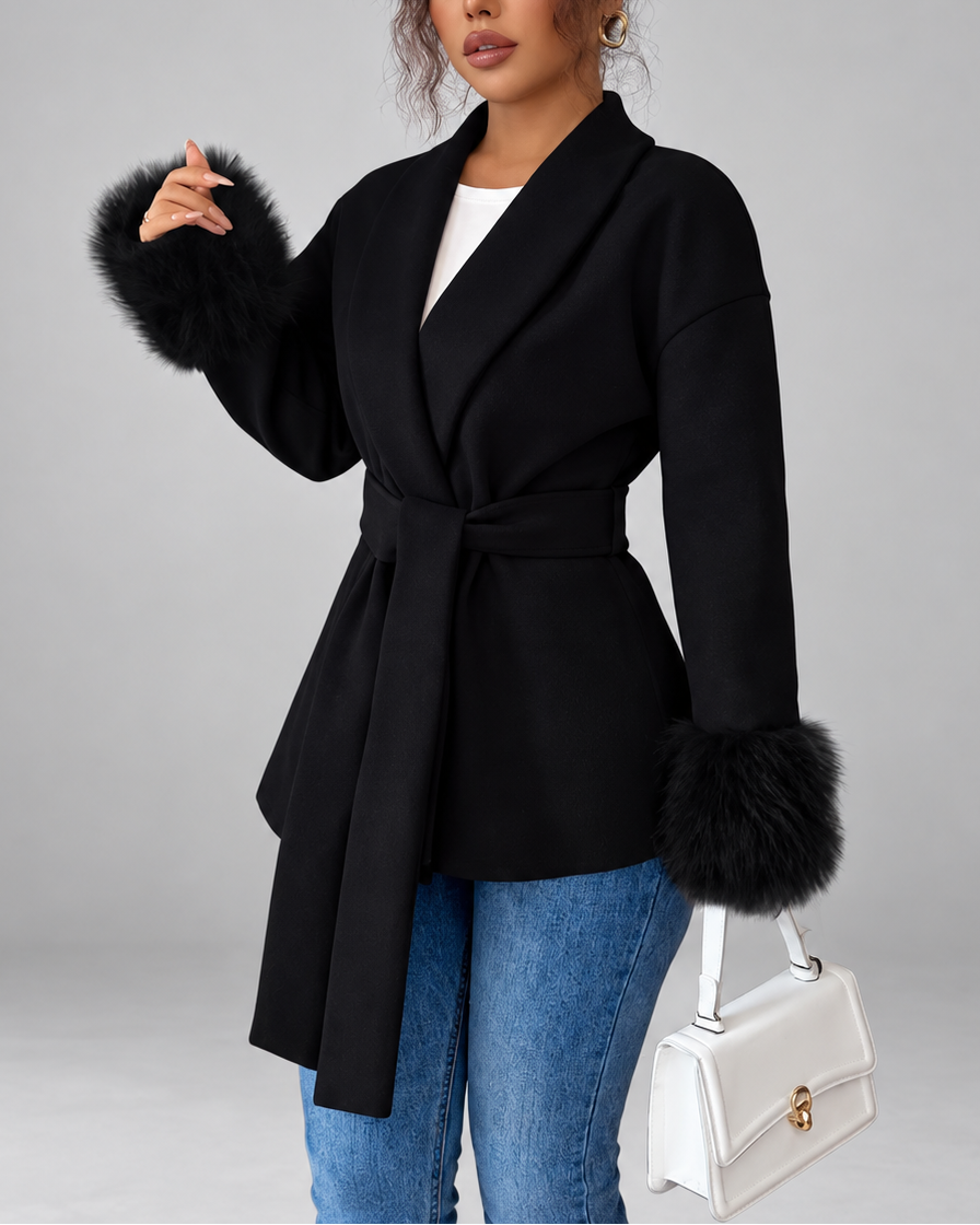 Women's belted jacket with faux fur cuffs in black - side