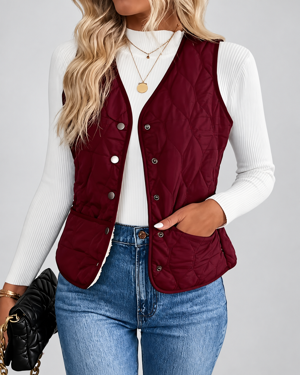 Women's Quilted Gilet with Fleece Lining and Button Front