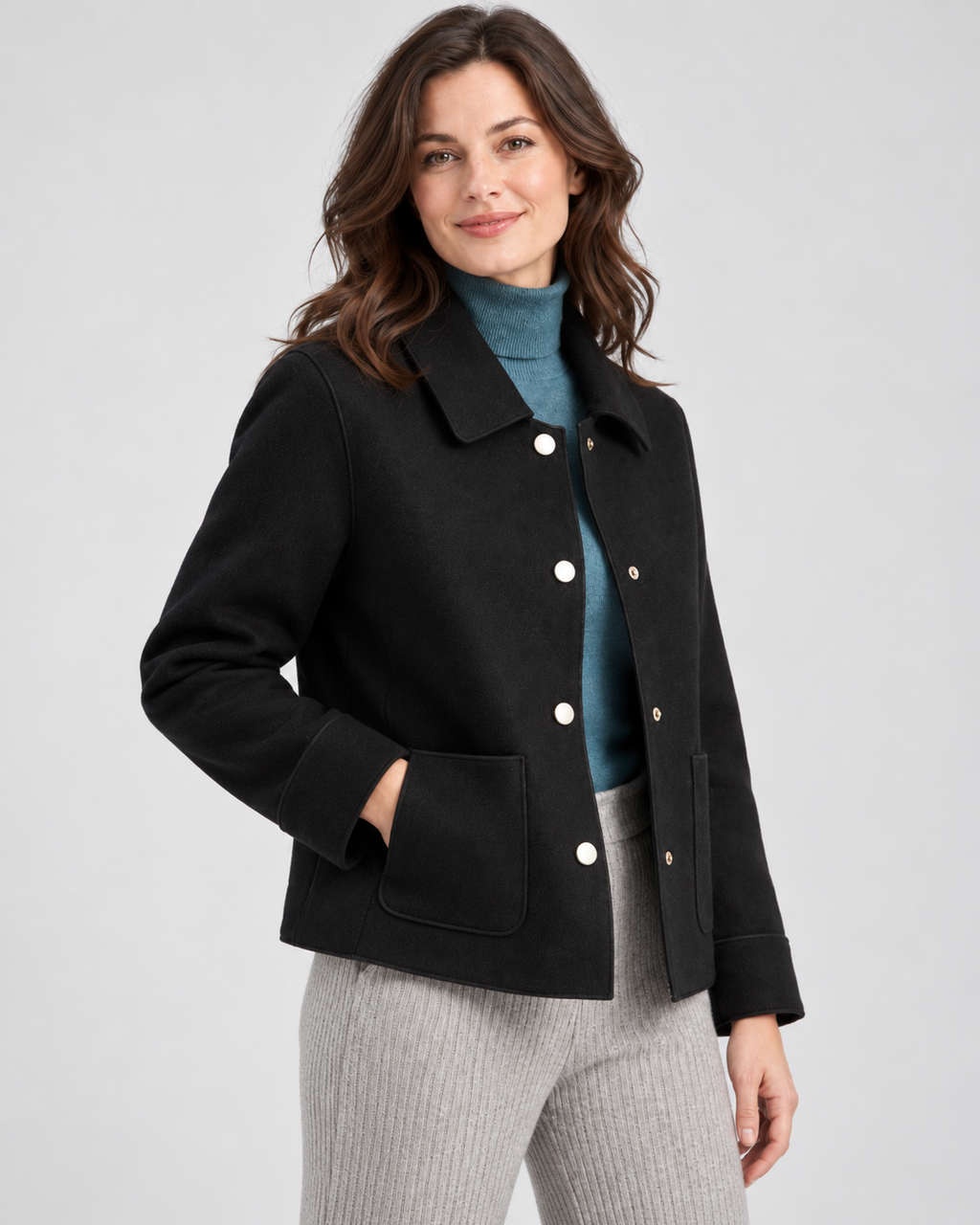 Women's Wool Blend Jacket with Collar and Button Front