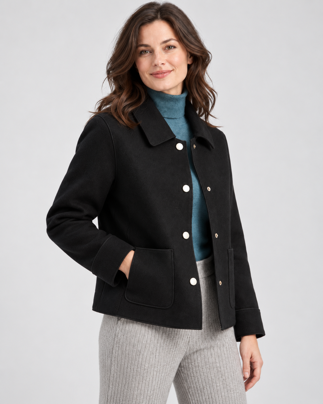 Women's Wool Blend Jacket with Collar and Button Front