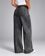 Women's Wide Leg Jeans with Mid Rise and Black Acid Wash