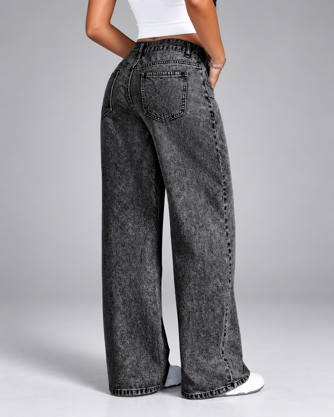 Women's Wide Leg Jeans with Mid Rise and Black Acid Wash