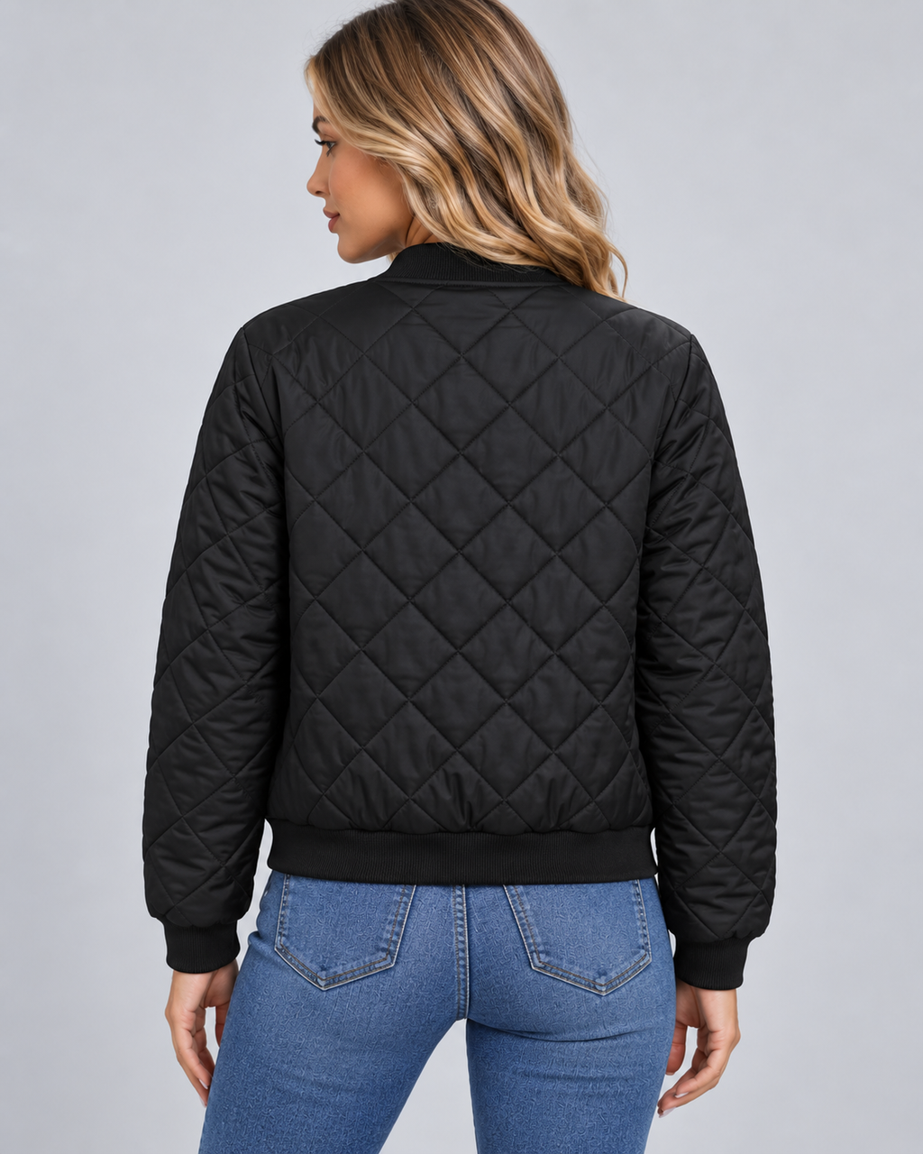 Women's Diamond Quilted Bomber Jacket with Zip Front and Ribbed Collar