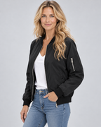 Women's Bomber Jacket with Zip Front and Ribbed Cuffs