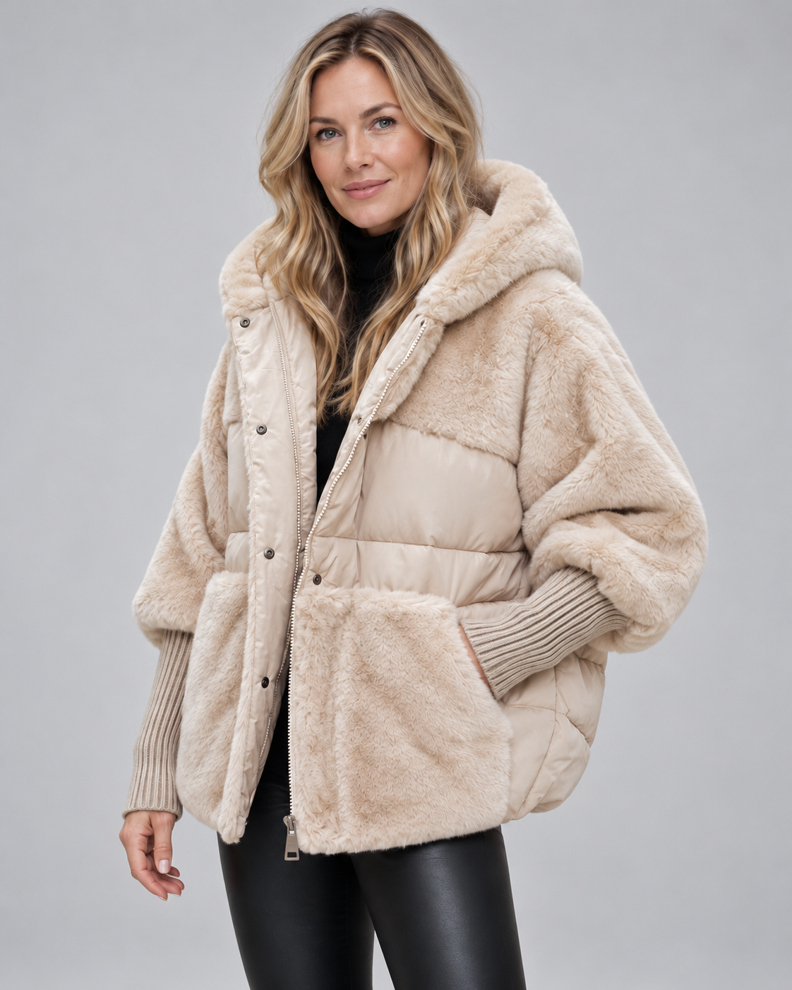 Women's Oversized Padded Hooded Coat with Faux Fur Panels