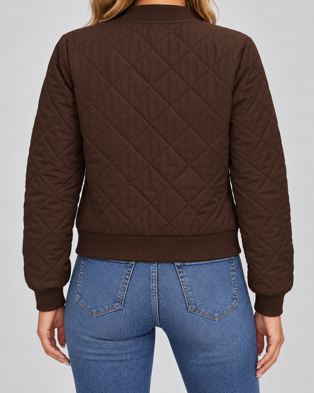 Women's Diamond Quilted Bomber Jacket with Zip Front and Ribbed Collar