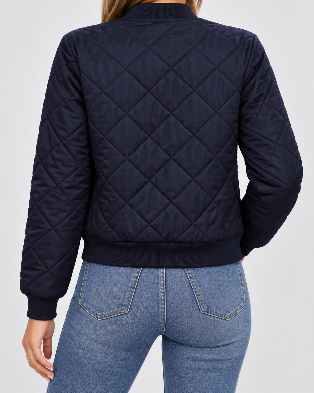 Women's Diamond Quilted Bomber Jacket with Zip Front and Ribbed Collar