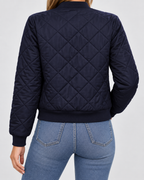 Women's Diamond Quilted Bomber Jacket with Zip Front and Ribbed Collar