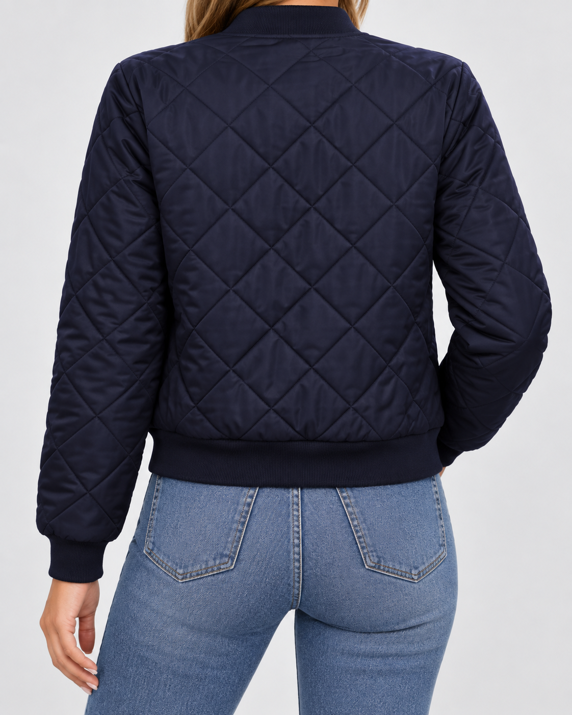 Women's Diamond Quilted Bomber Jacket with Zip Front and Ribbed Collar