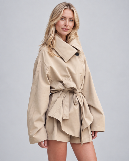 Women's Beige Belted Wrap Cropped Trench Jacket