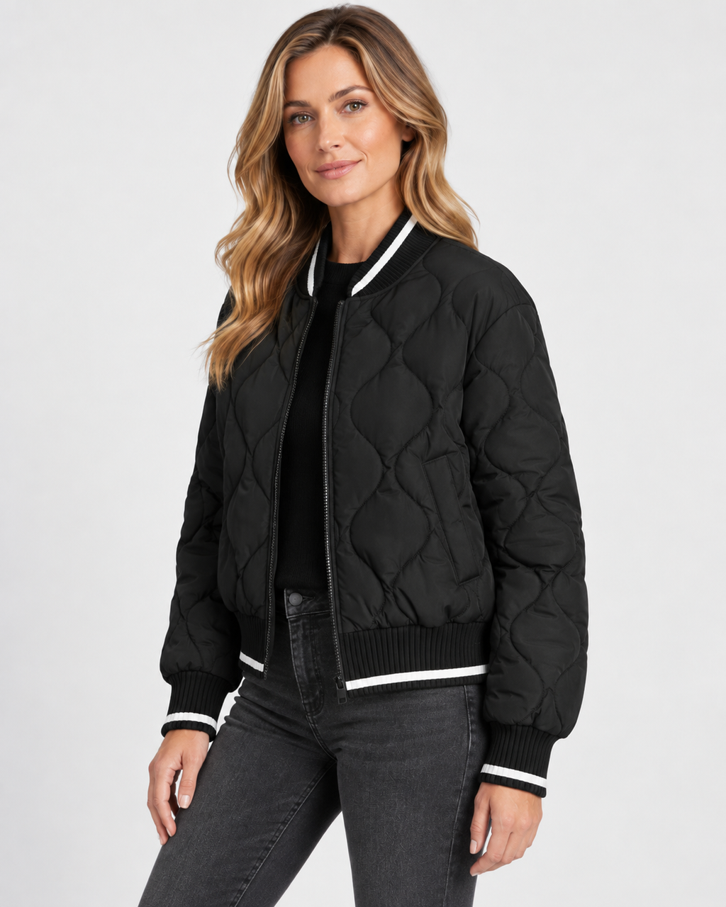 Women's Quilted Bomber Jacket with Ribbed Collar and Zip Front
