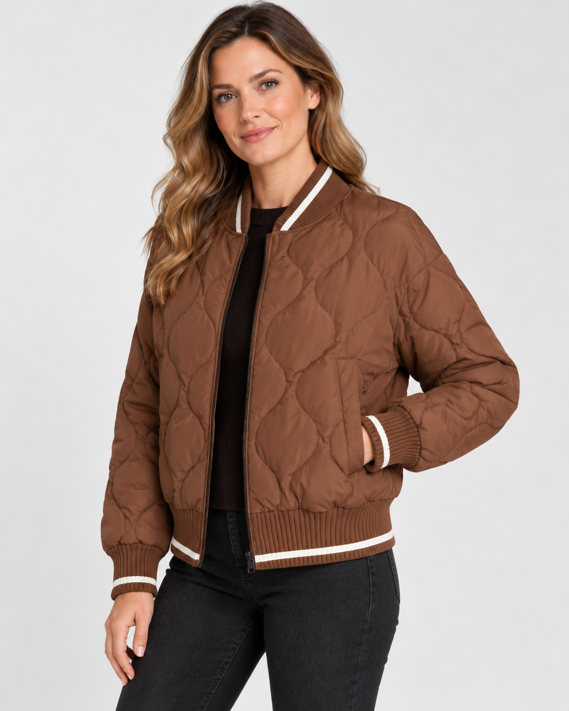 Women's Quilted Bomber Jacket with Ribbed Collar and Zip Front