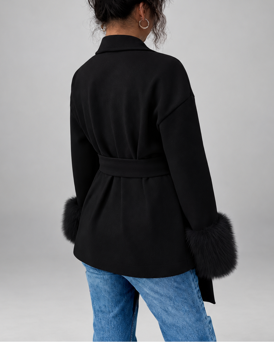 Women's belted jacket with faux fur cuffs in black - back