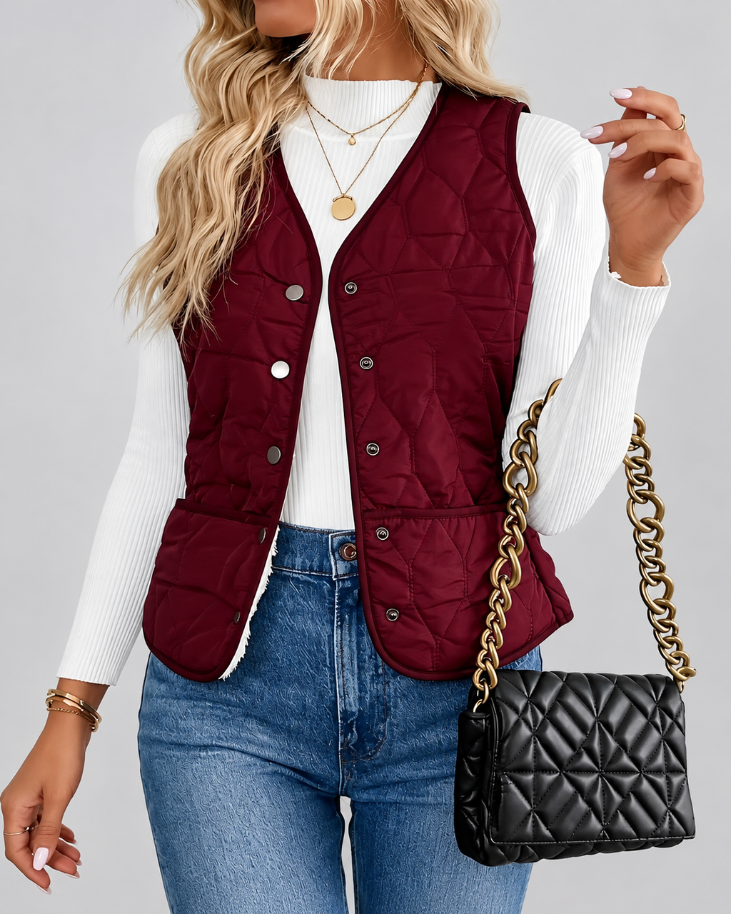 Women's Quilted Gilet with Fleece Lining and Button Front