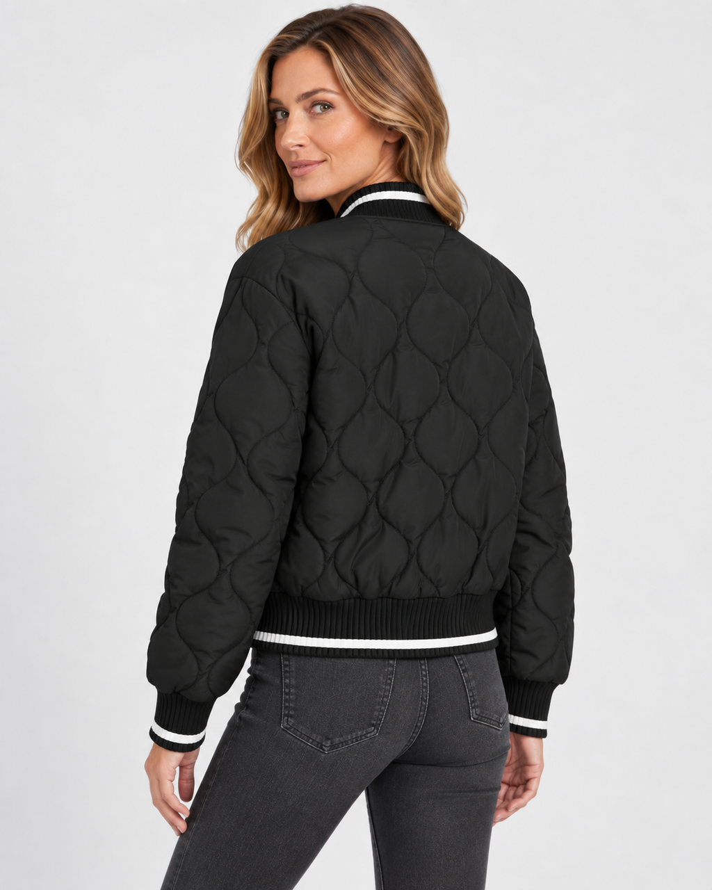 Women's Quilted Bomber Jacket with Ribbed Collar and Zip Front