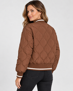 Women's Quilted Bomber Jacket with Ribbed Collar and Zip Front