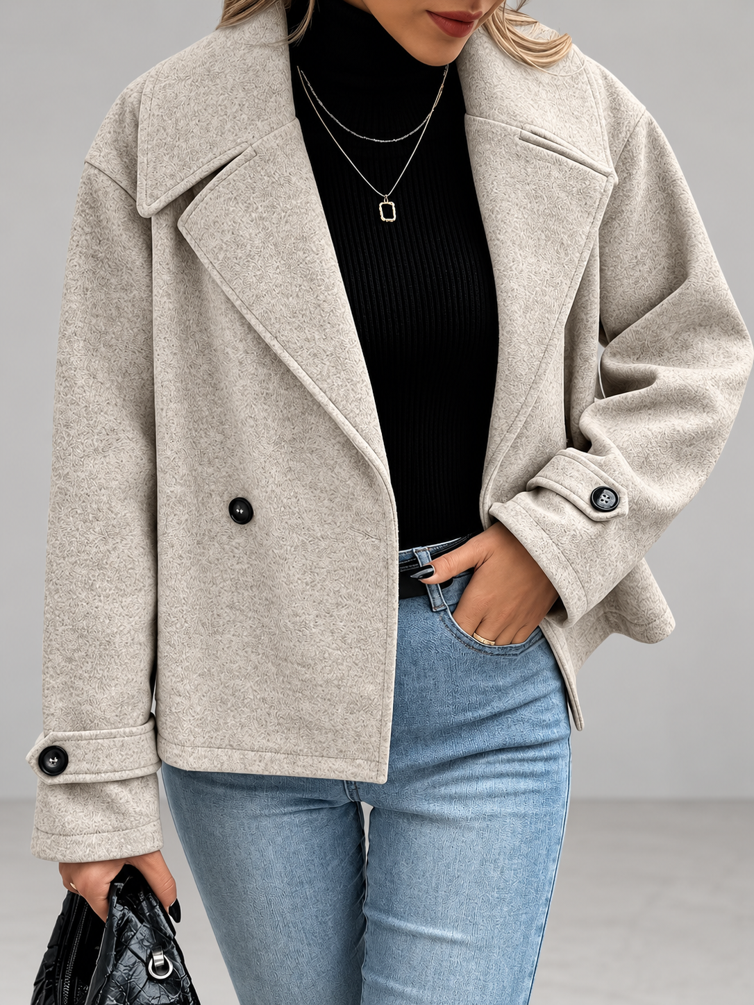 Women's Oversized Double Breasted Short Coat with Lapel Collar