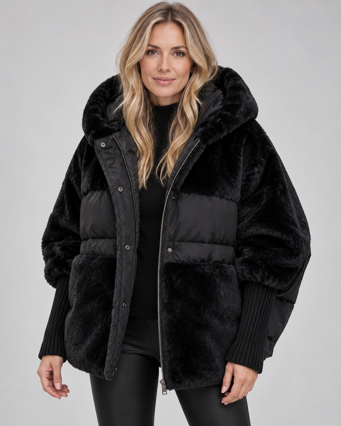 Women's Oversized Padded Hooded Coat with Faux Fur Panels